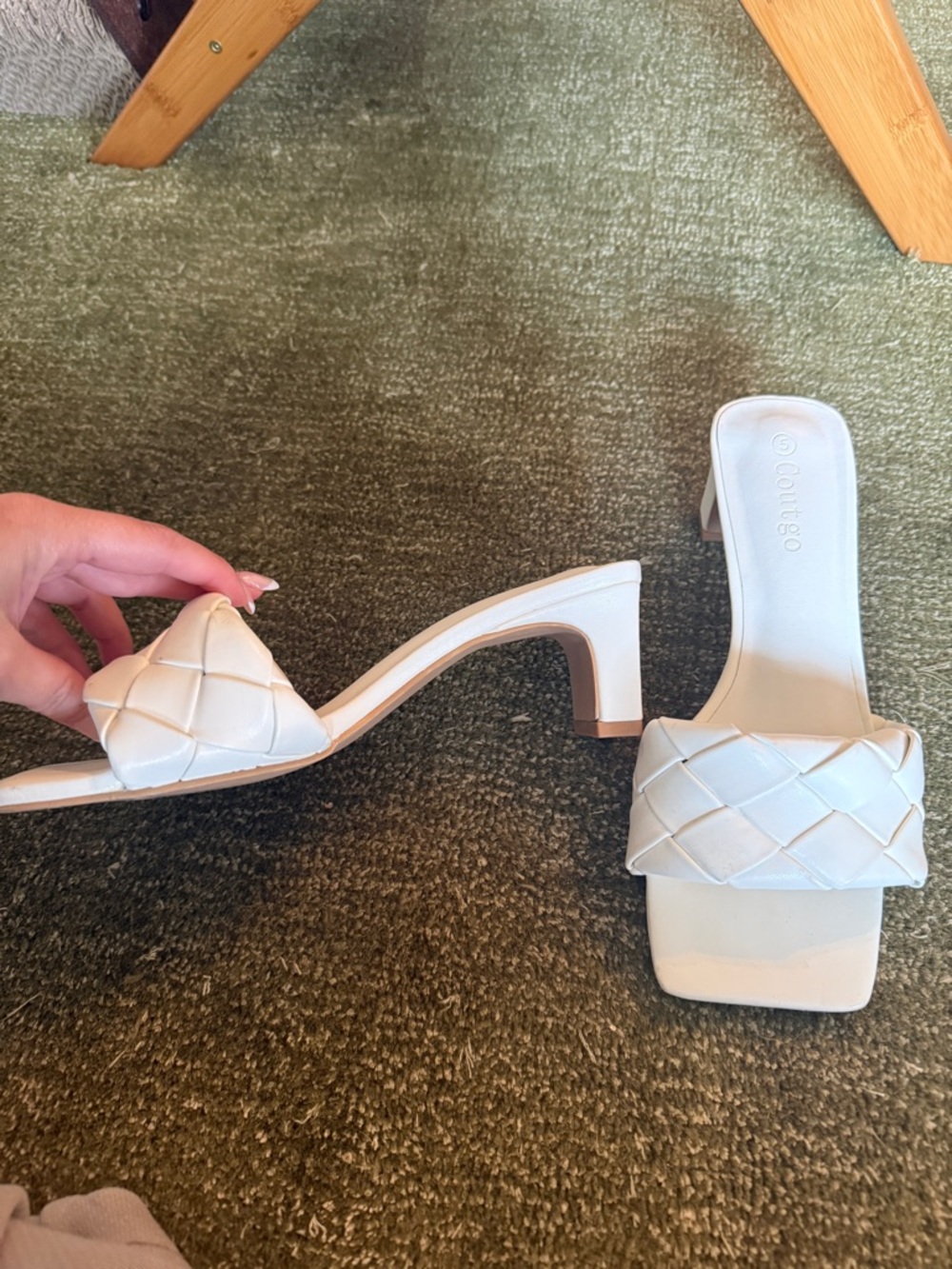 Coutgo White Woven Square-Toe Block Heel Sandals